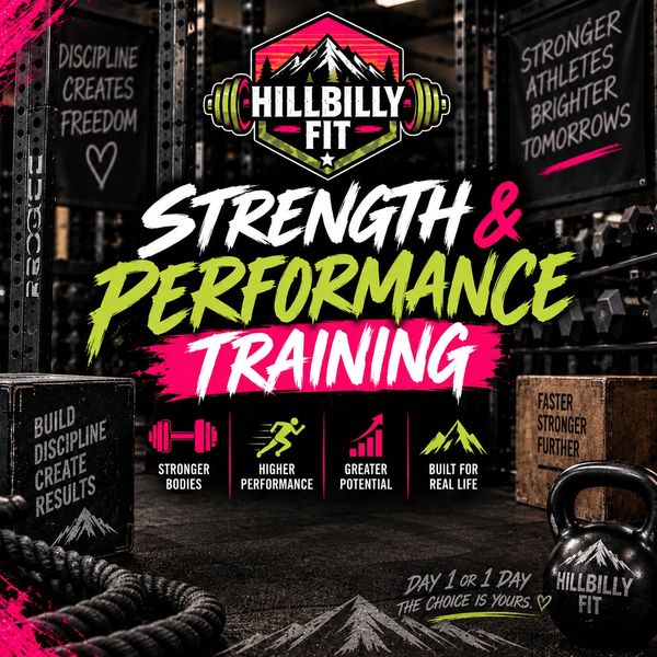 Hillbilly Fit strength and performance training with motivational quotes and icons.