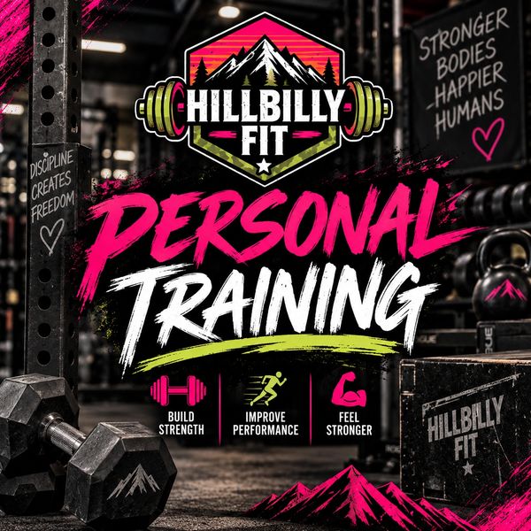 Hillbilly Fit personal training advertisement in gym setting.