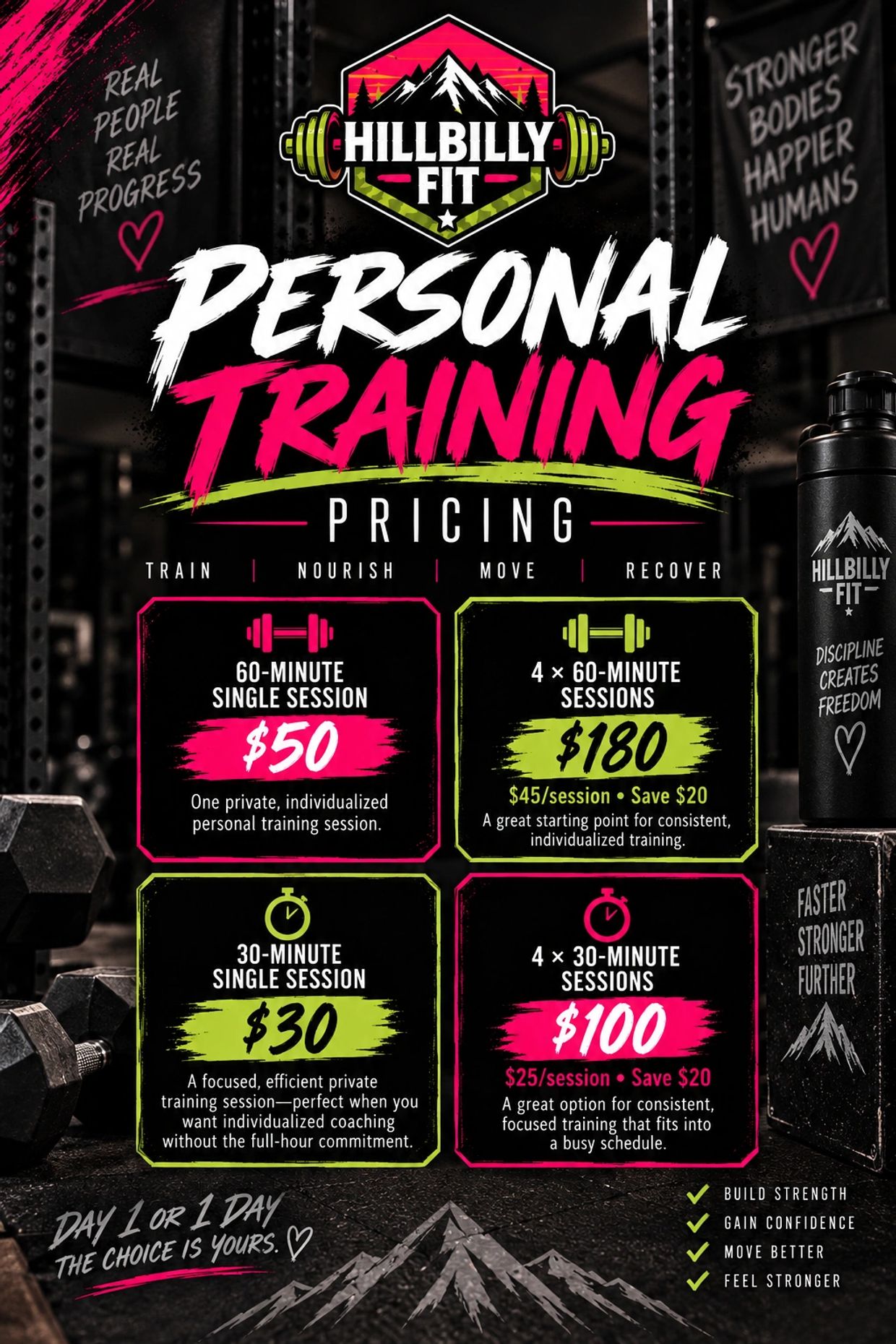 Hillbilly Fit personal training pricing options for various session lengths.
