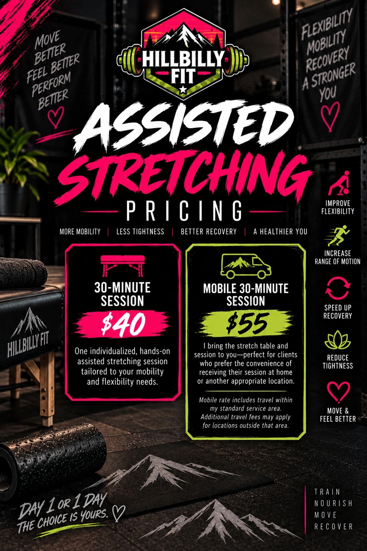 Fitness assisted stretching pricing at Hillbilly Fit with two session options.