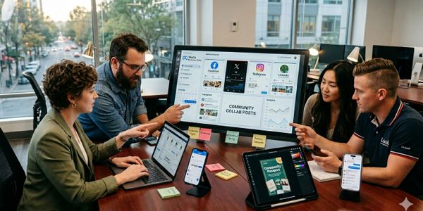 Group collaborating on social media marketing strategy around a table with multiple devices.