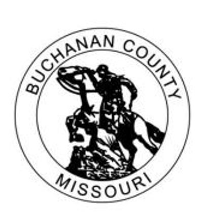 Black and white seal of Buchanan County, Missouri, featuring a horseback rider.