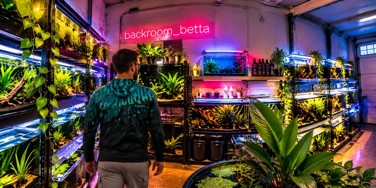 Man exploring a neon-lit indoor plant and aquarium store.