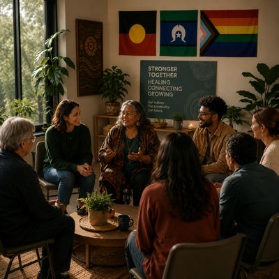 A diverse group engaged in a warm community discussion indoors.