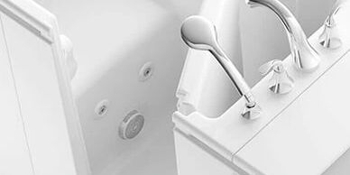 Walk-in bathtub with whirlpool jets and power assisted speed drain.