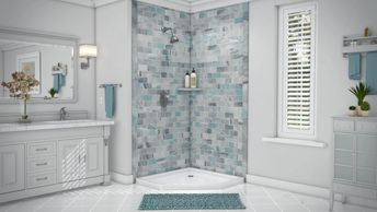 Renovated corner shower with a stone shower wall surround in a safe step-in shower for seniors.