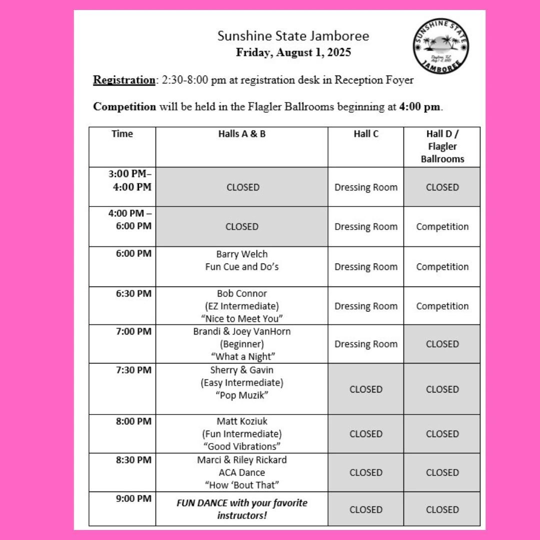 Schedule for Sunshine State Jamboree on August 1, 2025, with competition and dance events.