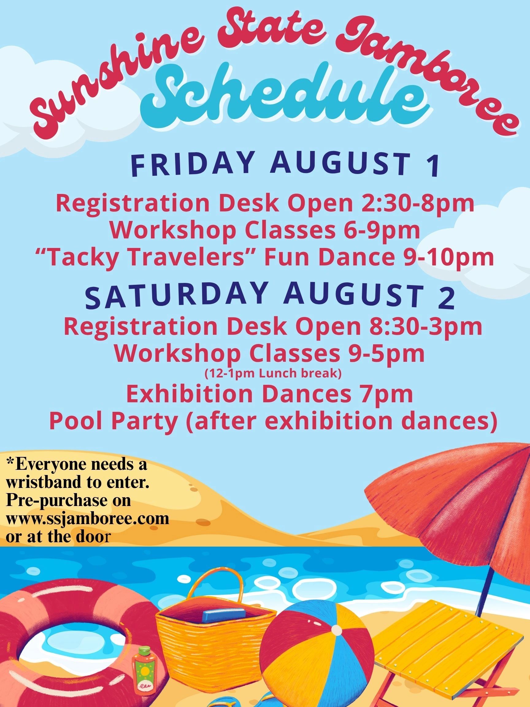 Sunshine State Jamboree schedule for August 1-2 with workshops, dances, and pool party.
