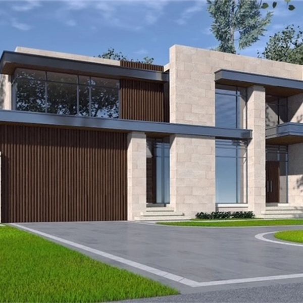 Modern two-story house with stone and wood facade.