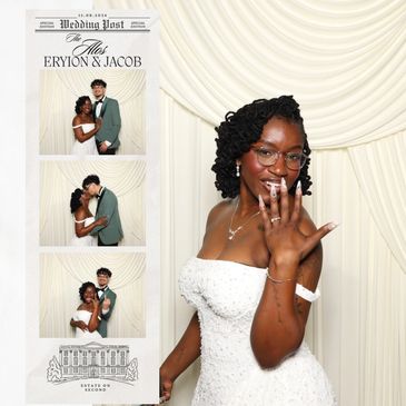 Bride showing her ring with groom in photo strip.