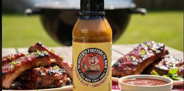 A bottle of barbecue sauce with grilled ribs and a bowl of sauce outdoors.