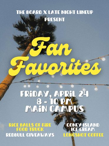 Event poster for 'Fan Favorites' with palm trees and string lights.