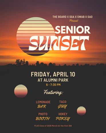 Event poster for Senior Sunset at Alumni Park on April 10.