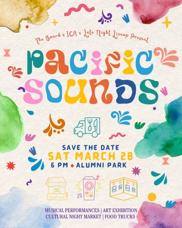 Colorful event poster for Pacific Sounds on March 28 at Alumni Park.