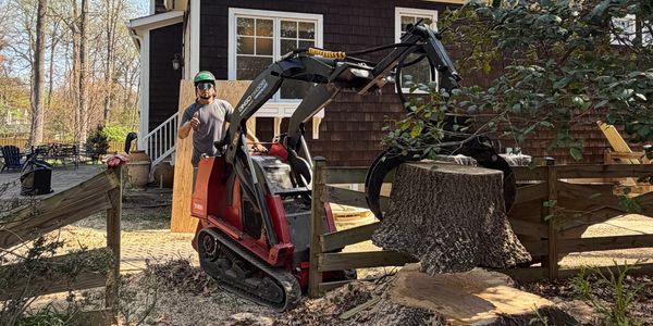 Man operating a small excavator to remove a large tree stump near a house.