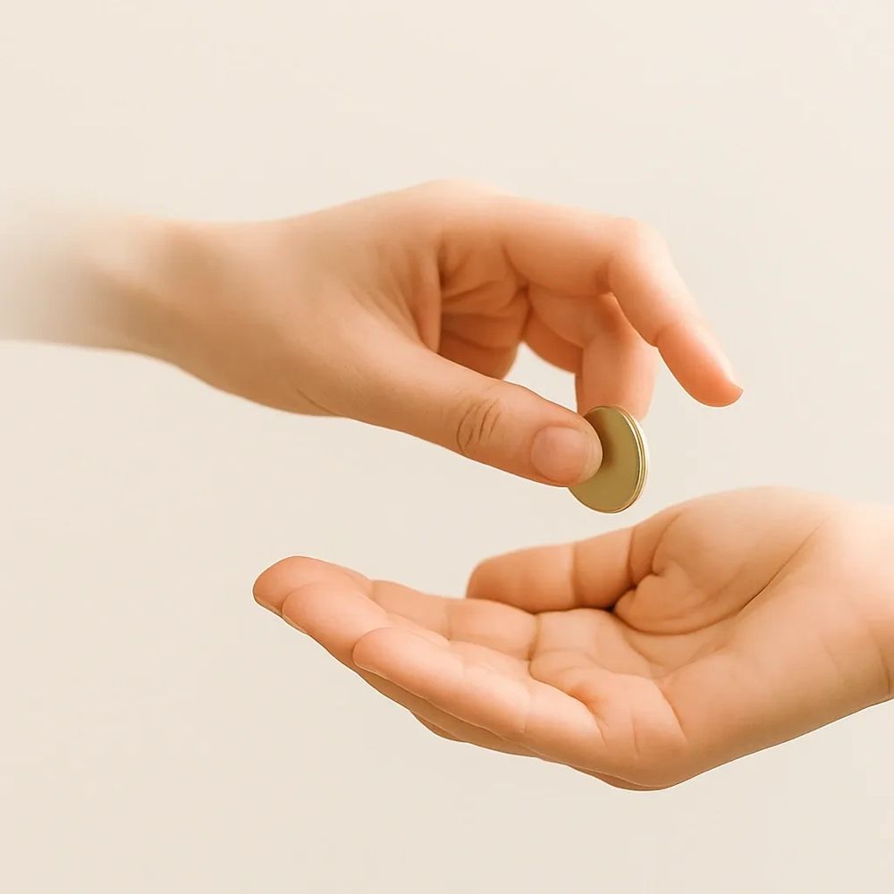 A hand giving a coin to another open hand.