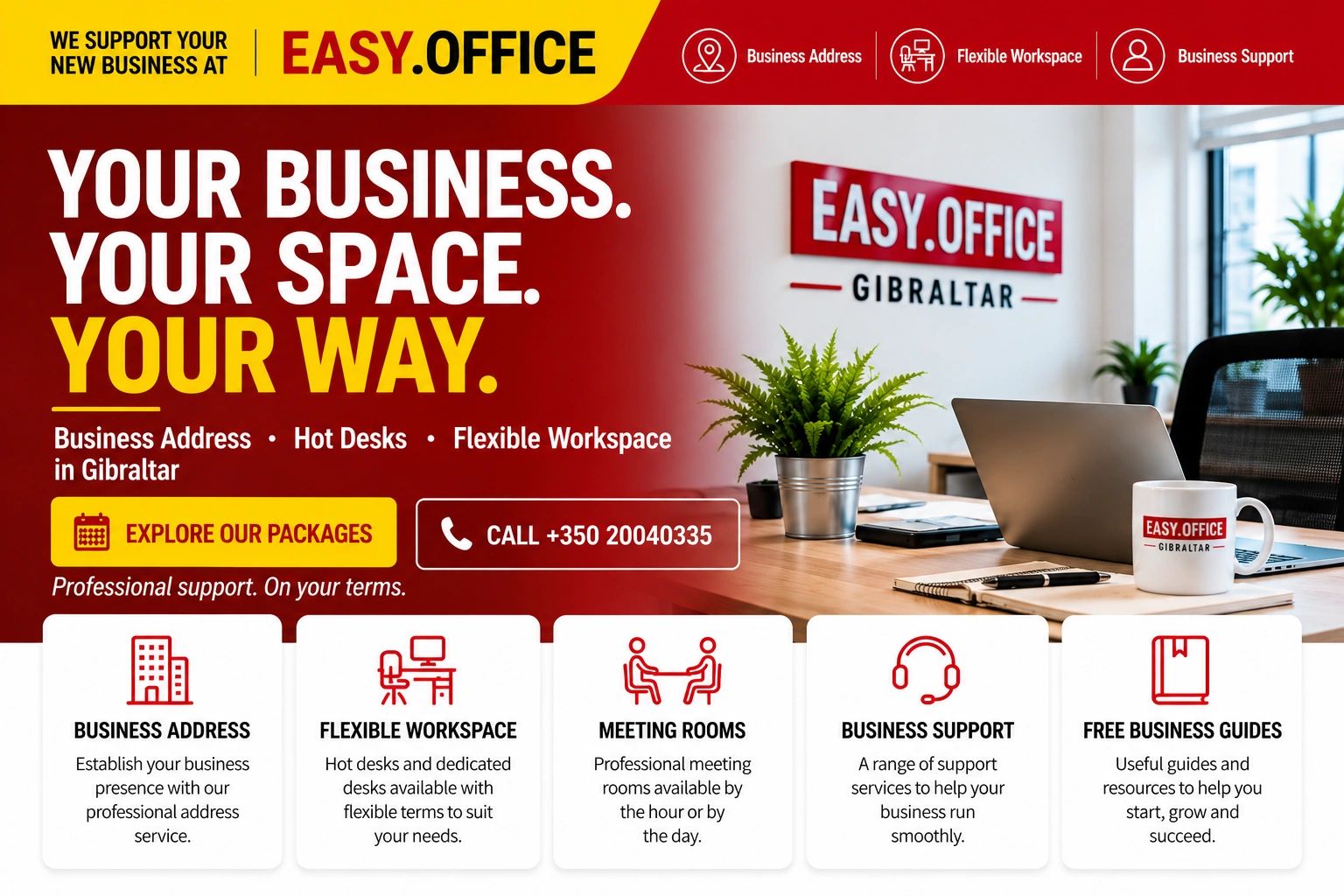 Easy.Office Gibraltar business centre banner featuring Business Address Gibraltar, hot desks, flexible office space, coworking space, meeting rooms, business support and free business start-up guides.
