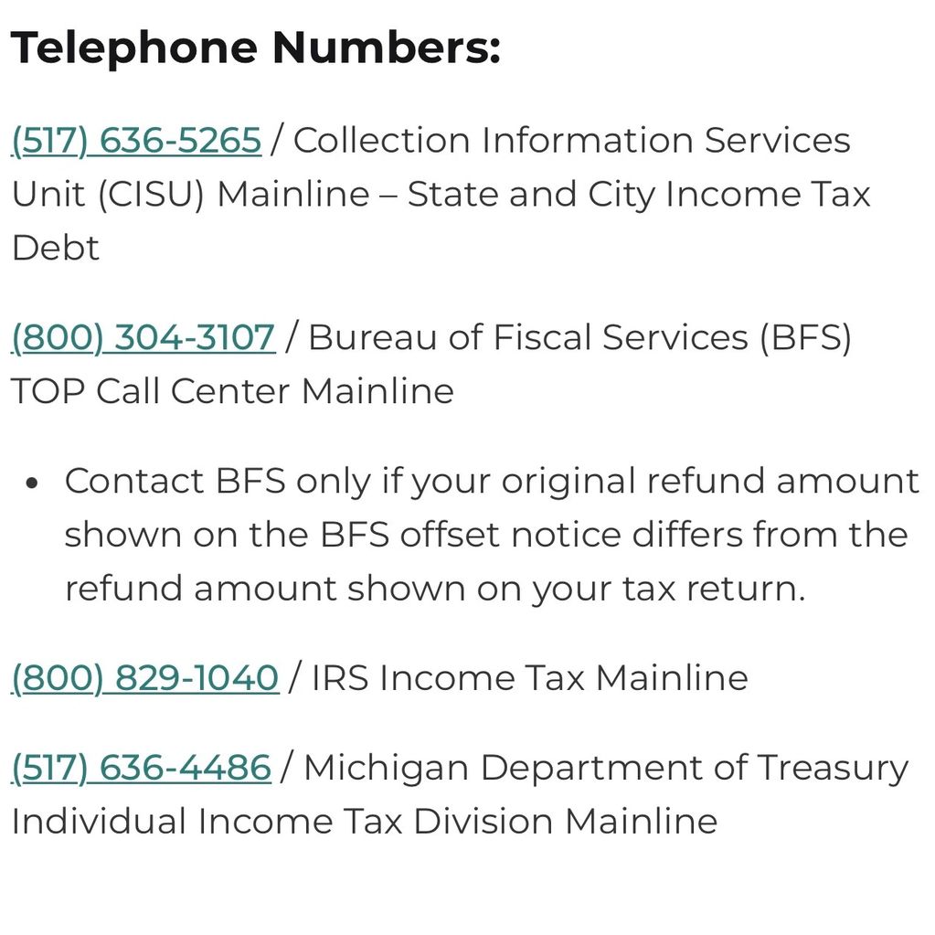 List of important telephone numbers for tax and treasury services in Michigan.