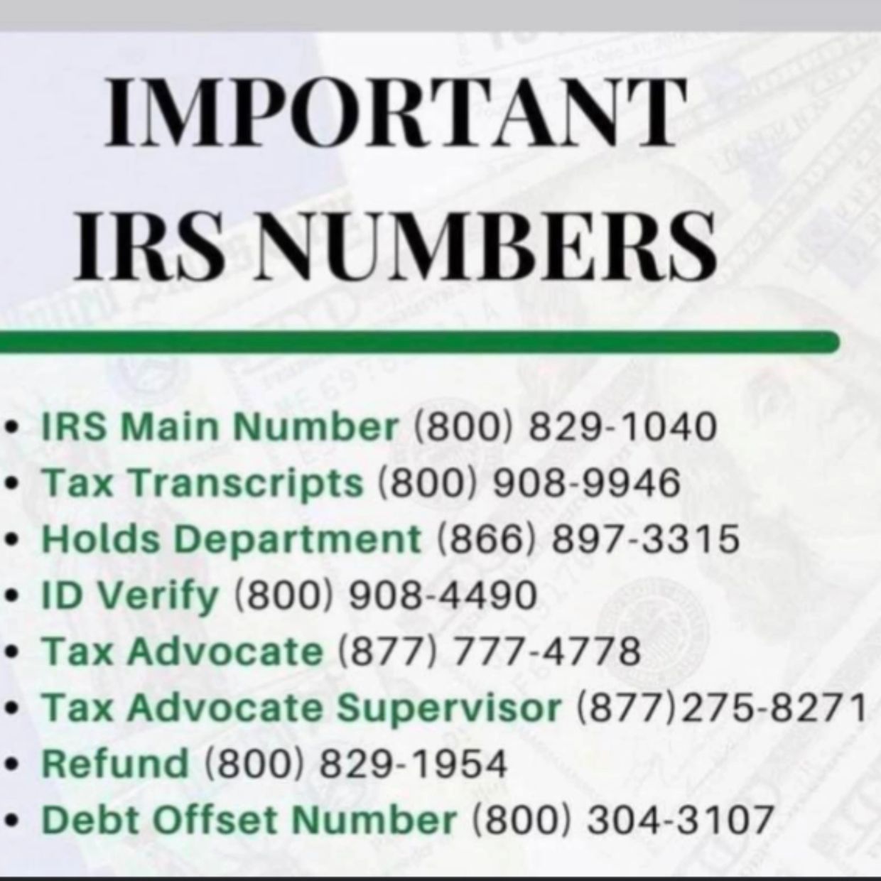 List of important IRS phone numbers for various departments and services.