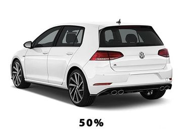 White Volkswagen Golf R hatchback shown from rear angle with 50% text.