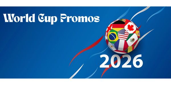 2026 World Cup promos with a soccer ball featuring multiple country flags.