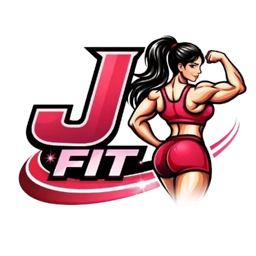 Logo featuring a muscular woman flexing with the text 'J FIT'.