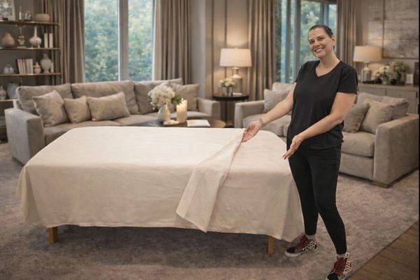 A woman presenting a neatly made bed in a living room.
