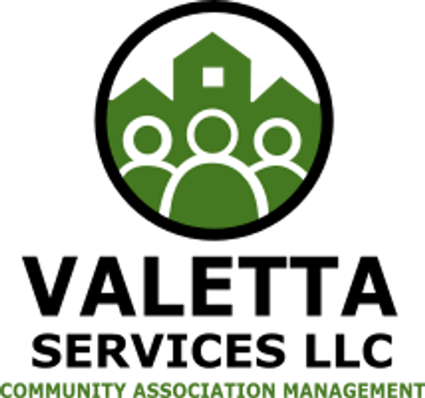 Logo of a community association management company with three people and houses in green.
