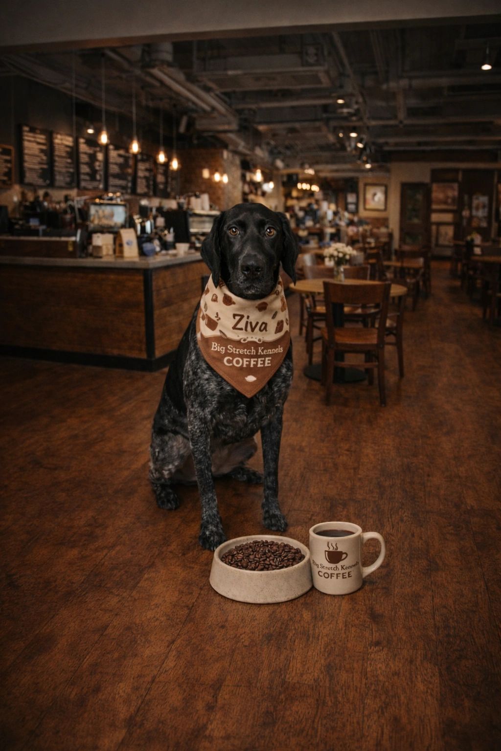 Ziva, the black and white German Shorthaired Pointer behind Big Stretch Kennels Coffee, sitting in a coffee shop with a mug of coffee and roasted coffee beans..