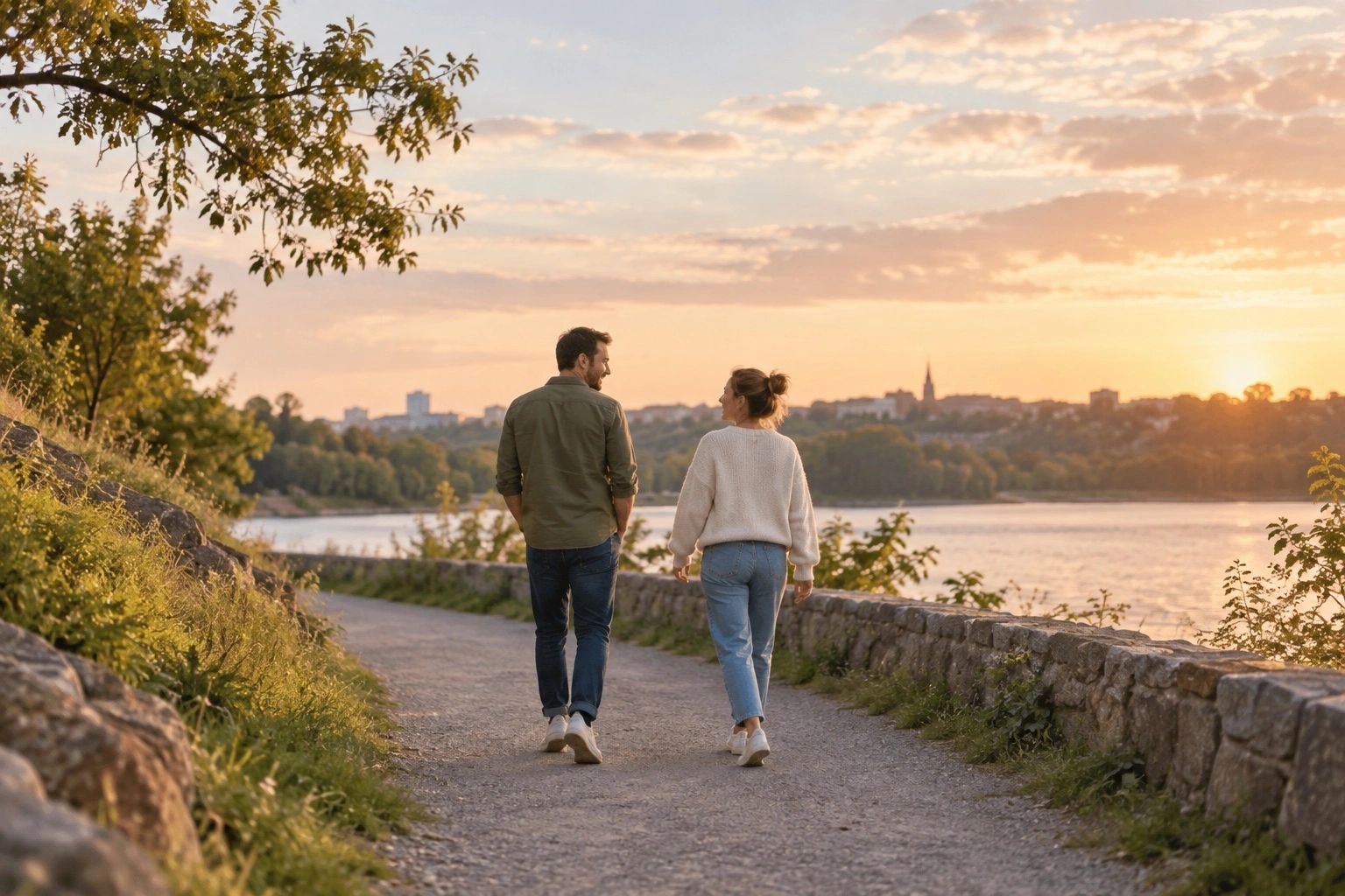 Two people walking beside a river at sunset