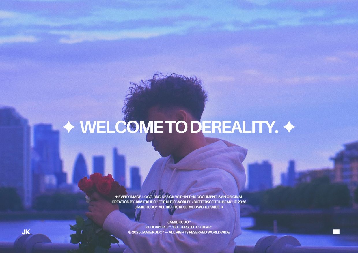 Young man holding red roses with city skyline at dusk and text welcoming to dereality.