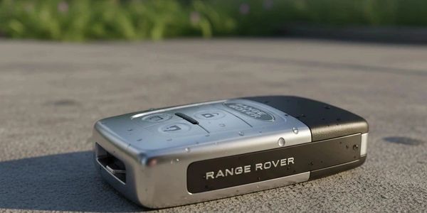 A wet Range Rover car key lying on a concrete surface.