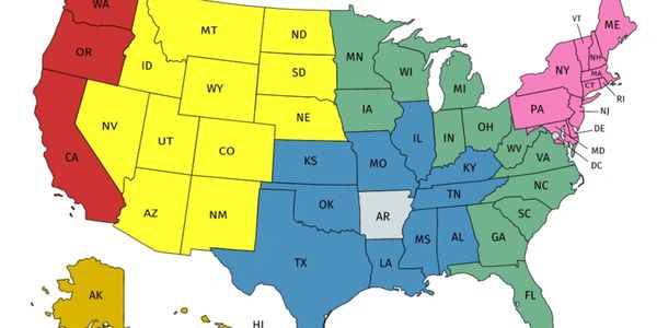 A color-coded map of the United States by regions.
