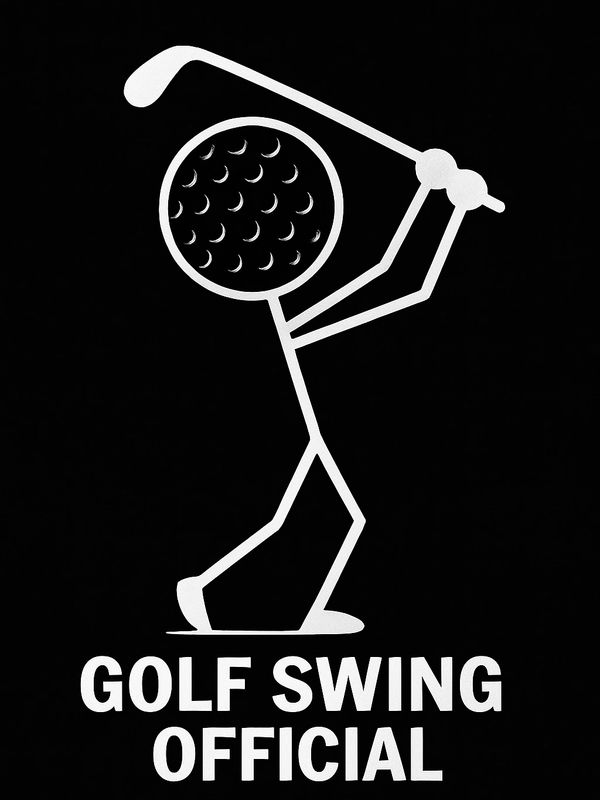 Stick figure with a golf ball head swinging a golf club, labeled 'Golf Swing Official'.