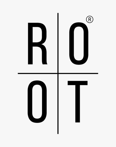 Minimalist black and white logo spelling 'ROOT' in a grid layout.