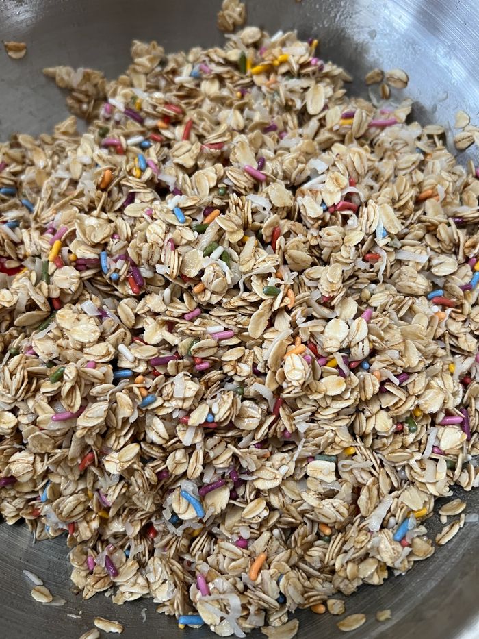 Teddy’s Granola Birthday Cake blend before it bakes in the oven. 