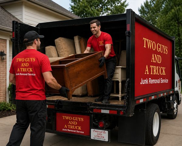 Two men loading furniture into a junk removal truck.