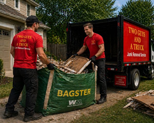 Two men loading junk into a large green bag for removal service.