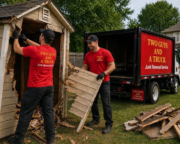 Two workers dismantling a wooden shed for junk removal.