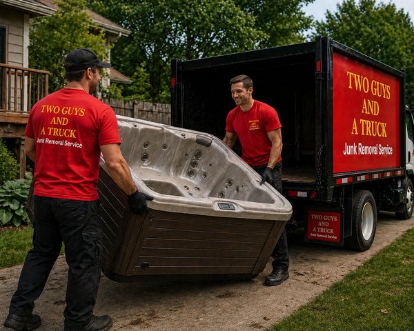 Two men in red shirts lift a large hot tub for junk removal near a truck.