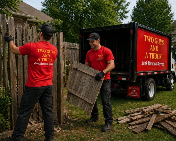Two men removing wooden fence panels for junk removal service.