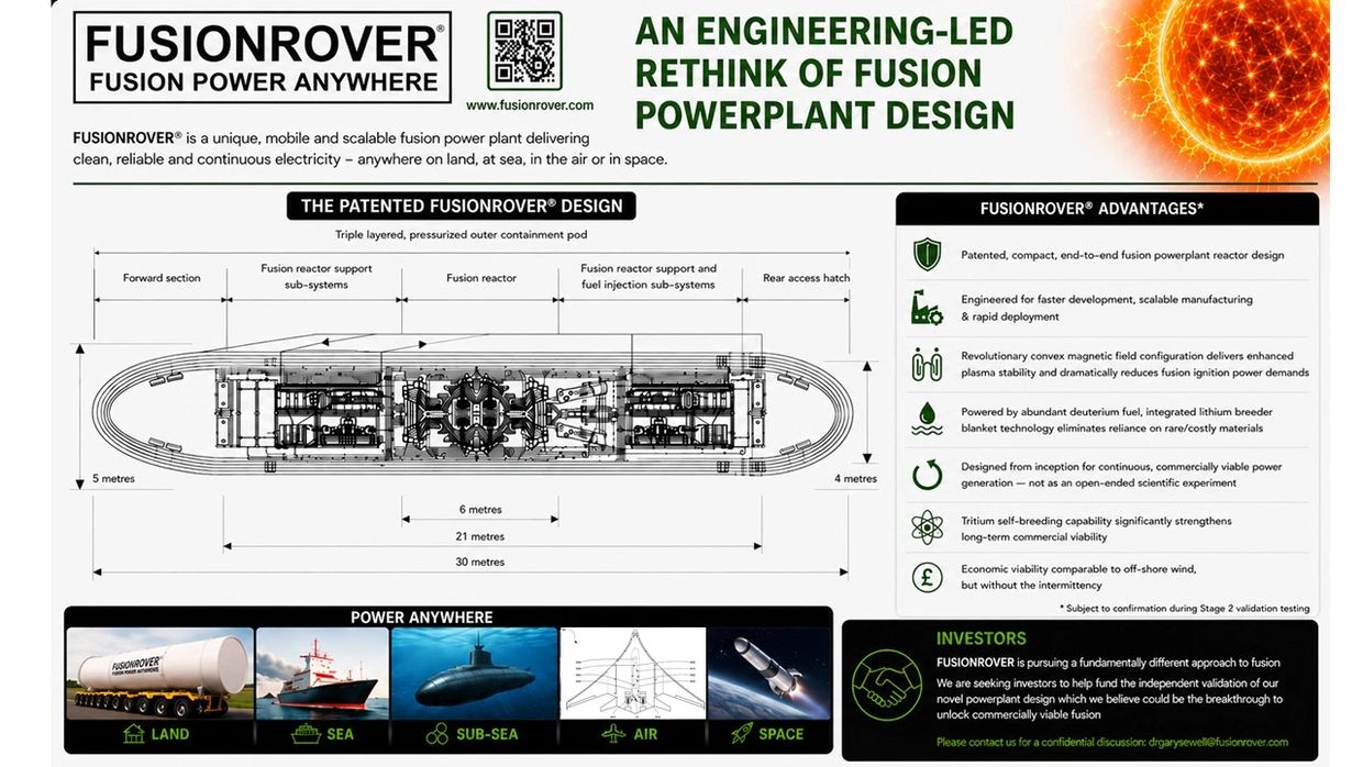 FusionRover is a scalable fusion power plant designed for versatile, continuous power generation on land, sea, air, and space.
