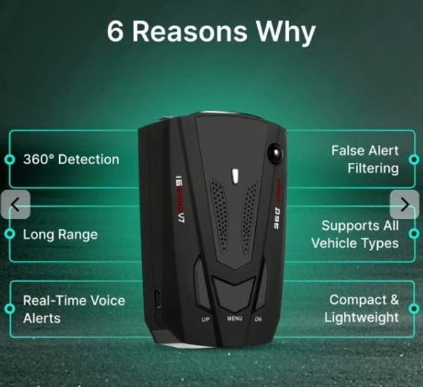 Radar detector with six key features for vehicle safety and convenience.