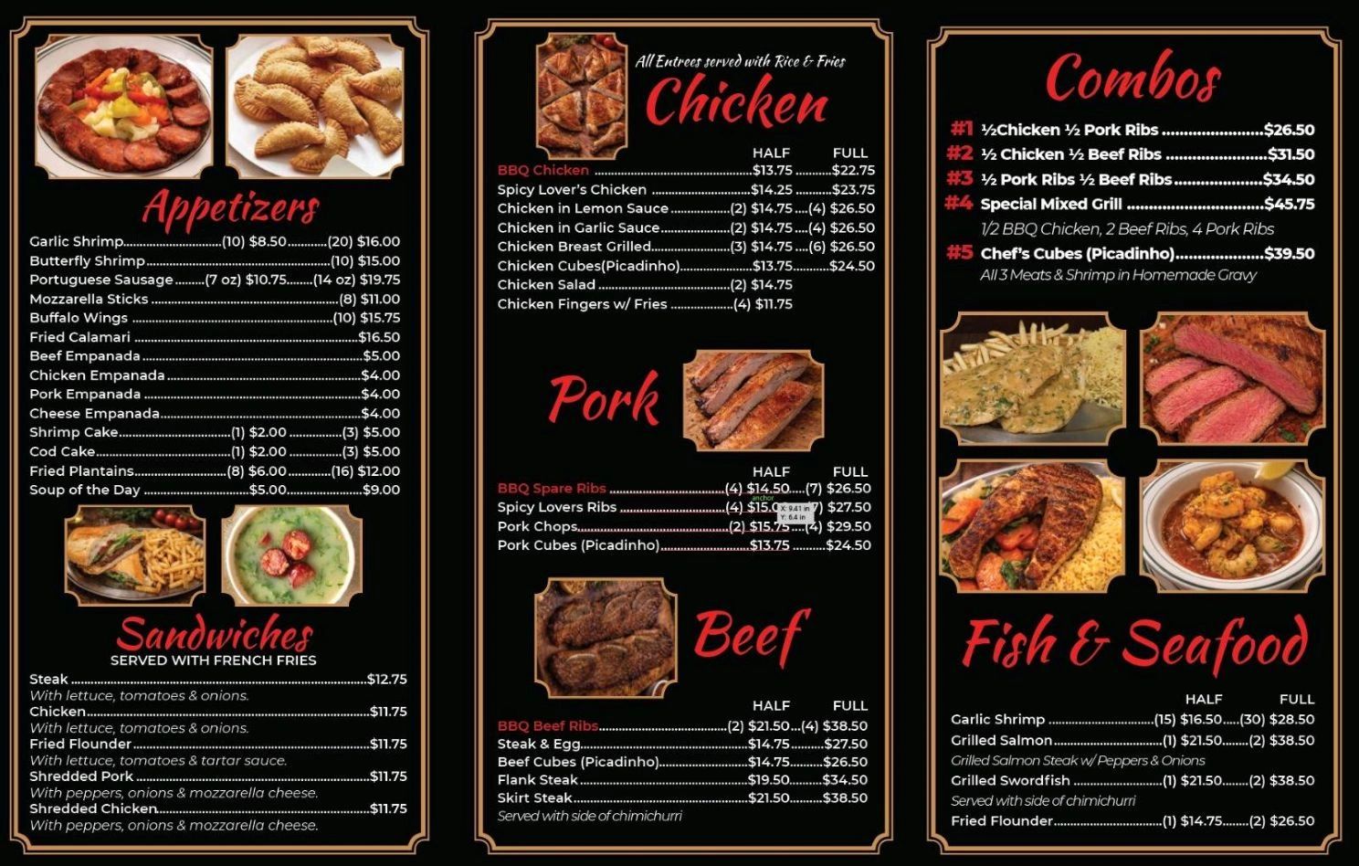 Restaurant menu featuring appetizers, sandwiches, chicken, pork, beef, combos, and seafood dishes with prices.