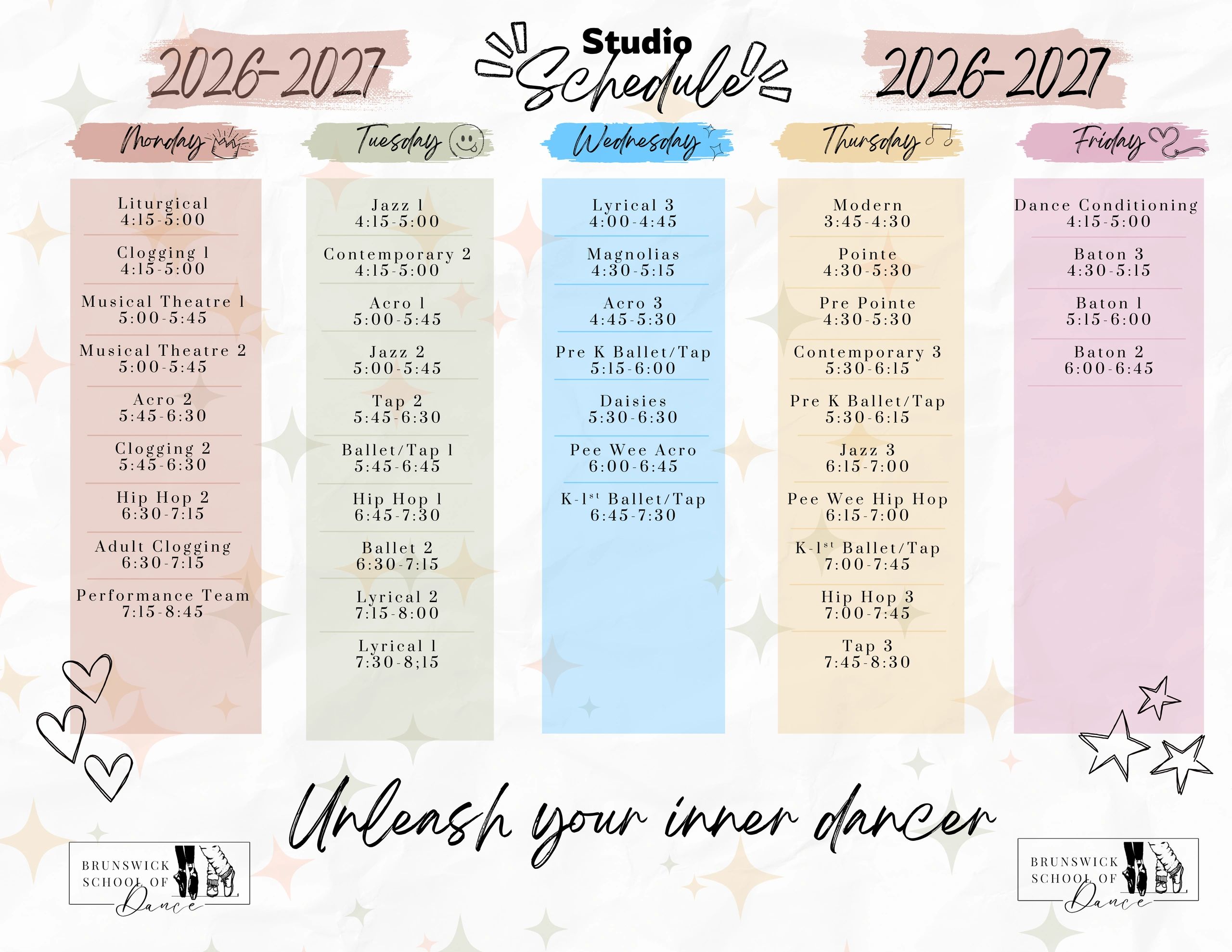 2026-2027 dance studio weekly schedule with diverse classes from Monday to Friday.
