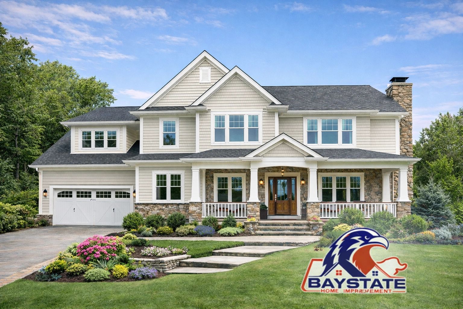 Elegant two-story suburban house with stone and siding exterior and landscaped yard.