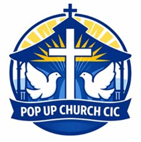 Logo of Pop Up Church CIC featuring a cross, doves, and sun rays.