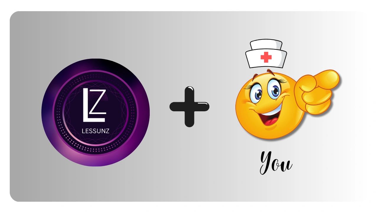 Logo for Lessunz plus a nurse emoji pointing at you.