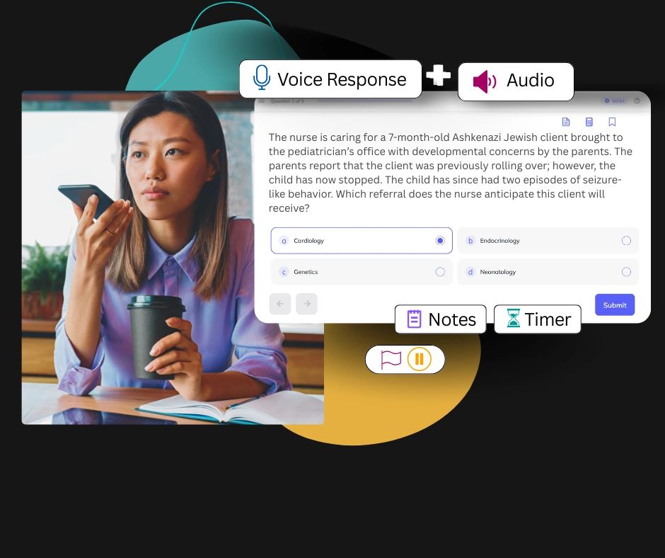 Woman using voice response to answer a pediatric nursing question on a digital platform.