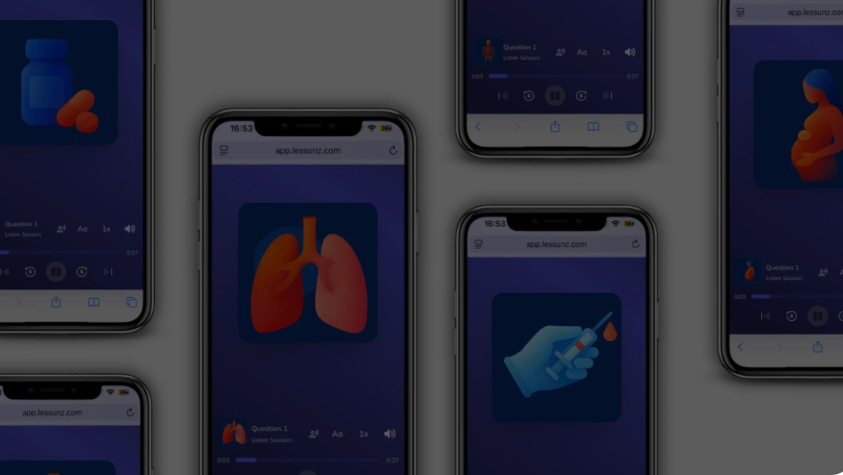 Smartphones displaying medical-themed icons and a listening session interface.